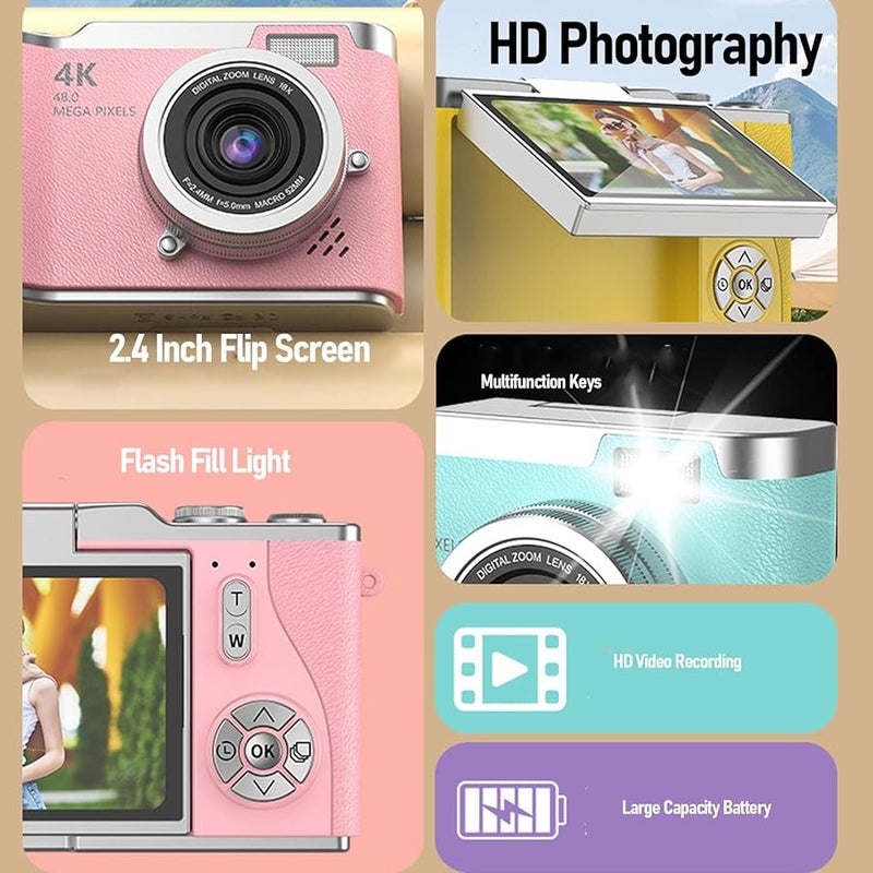 GOTOTOP 48MP Digital Camera 1080P Vlogging With 8X Zoom 2 4 Inch Flip Screen And LED Fill Light Green - Image 5